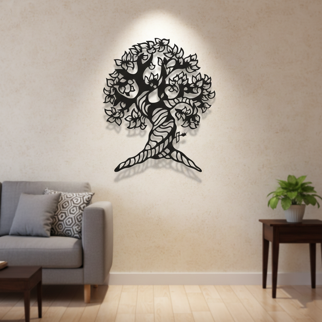 Tree of Life MDF wall decor with intricate laser-cut design mounted on a wall in a modern living room interior.