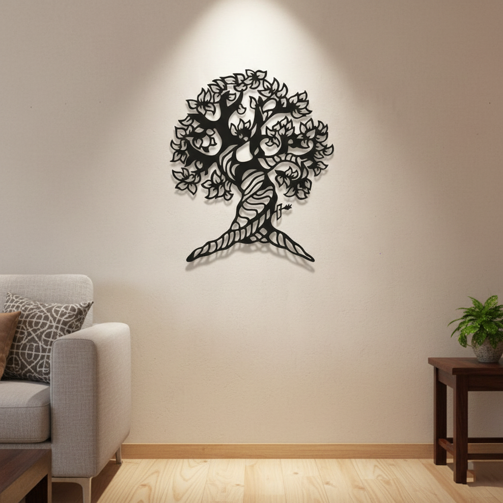 Tree of Life MDF wall decor with intricate laser-cut design mounted on a  wall in a modern living room interior.