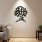 Tree of Life MDF wall decor with intricate laser-cut design mounted on a  wall in a modern living room interior.