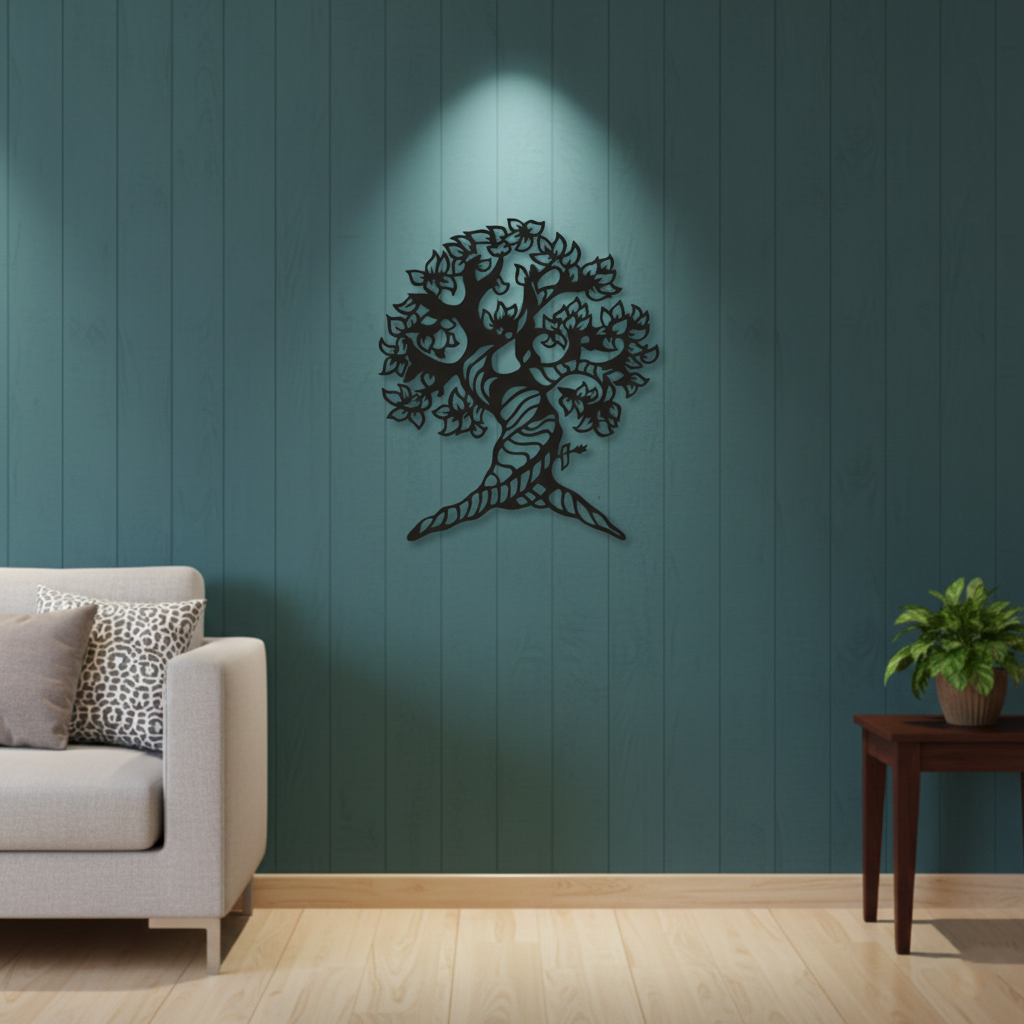 Tree of Life MDF wall decor with intricate laser-cut design mounted on a wall in a modern living room interior.