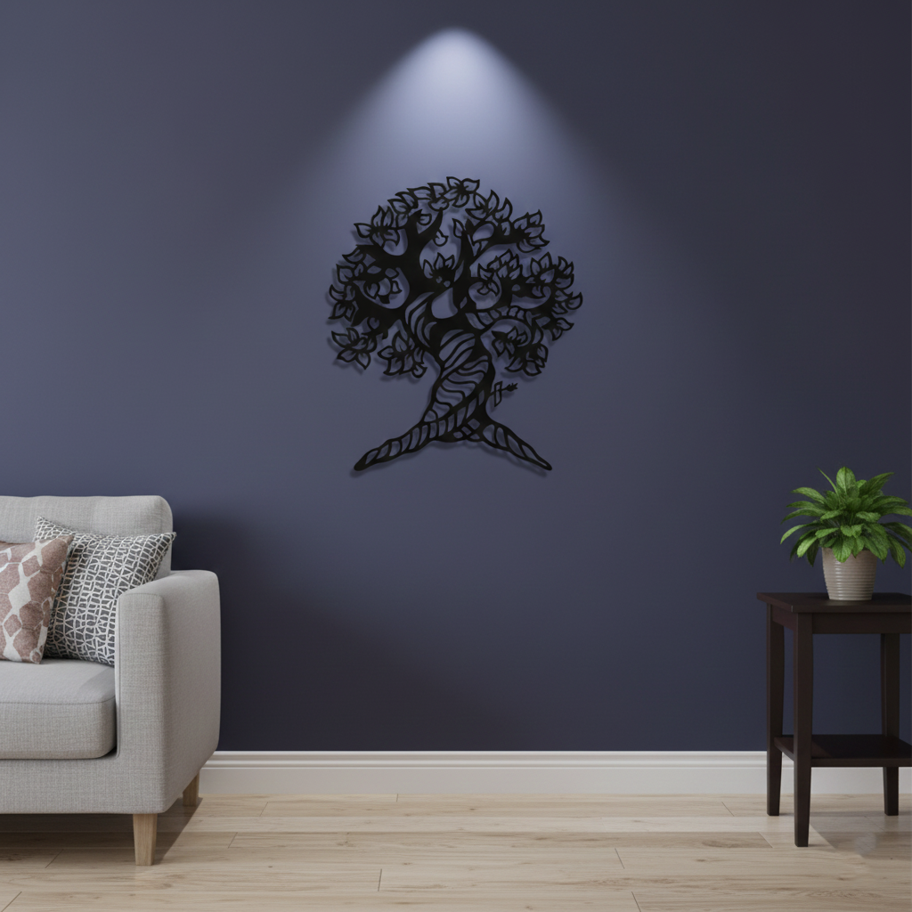 Tree of Life MDF wall decor with intricate laser-cut design mounted on a  wall in a modern living room interior.