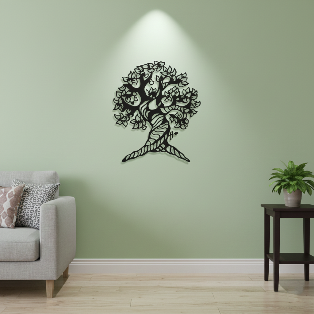Tree of Life MDF wall decor with intricate laser-cut design mounted on a neutral wall in a modern living room interior.