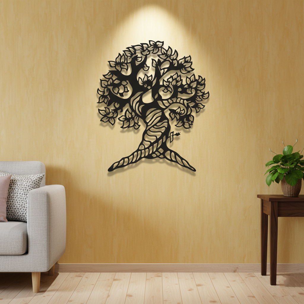 Tree of Life MDF wall decor with intricate laser-cut design mounted on a neutral wall in a modern living room interior.