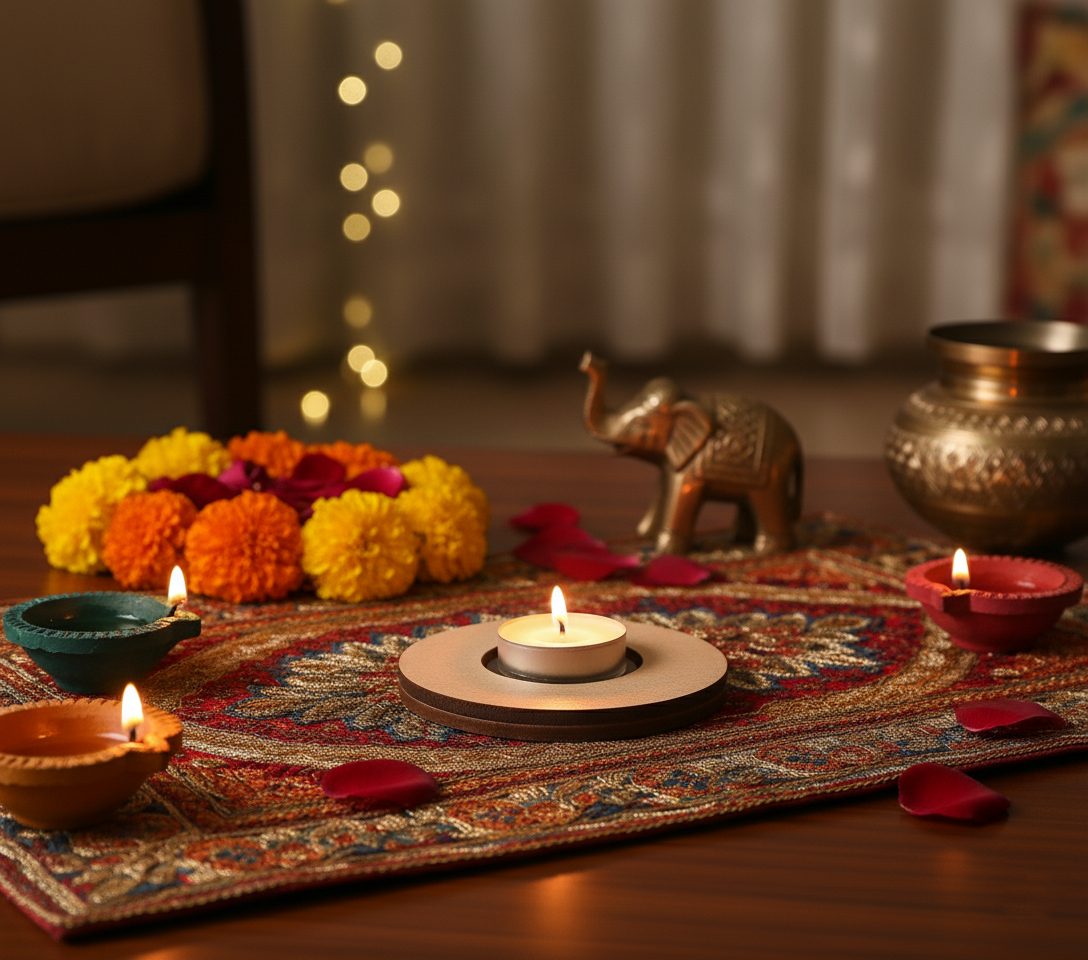 Decorative setup with candles, flowers, and an elephant statue on a table with mdf tea light candle holder.