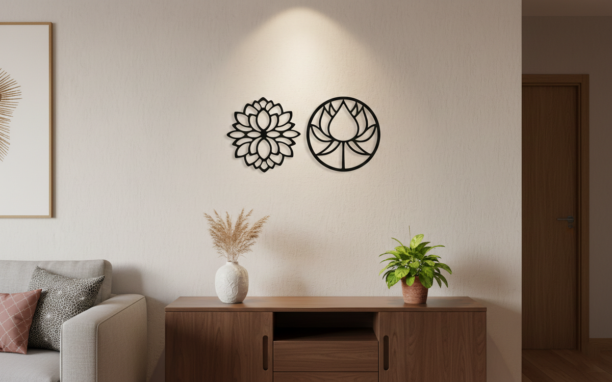 Lotus flower MDF wall decor with laser-cut floral design mounted on a neutral wall in a modern home interior.