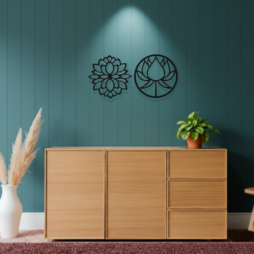 Lotus flower MDF wall decor with laser-cut floral design mounted on a neutral wall in a modern home interior.