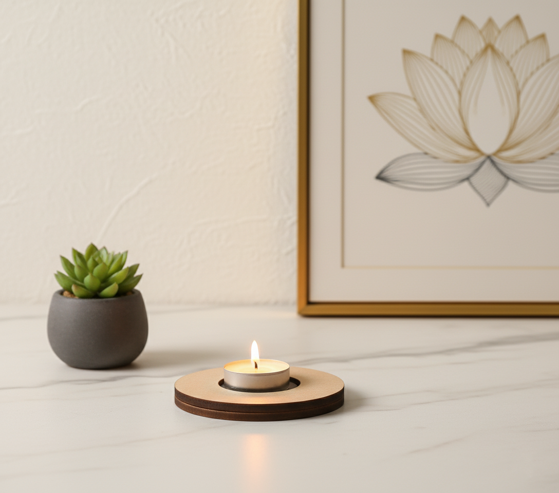 Candle on a wooden holder with a potted plant and framed artwork in the background with mdf tea light candle holder.