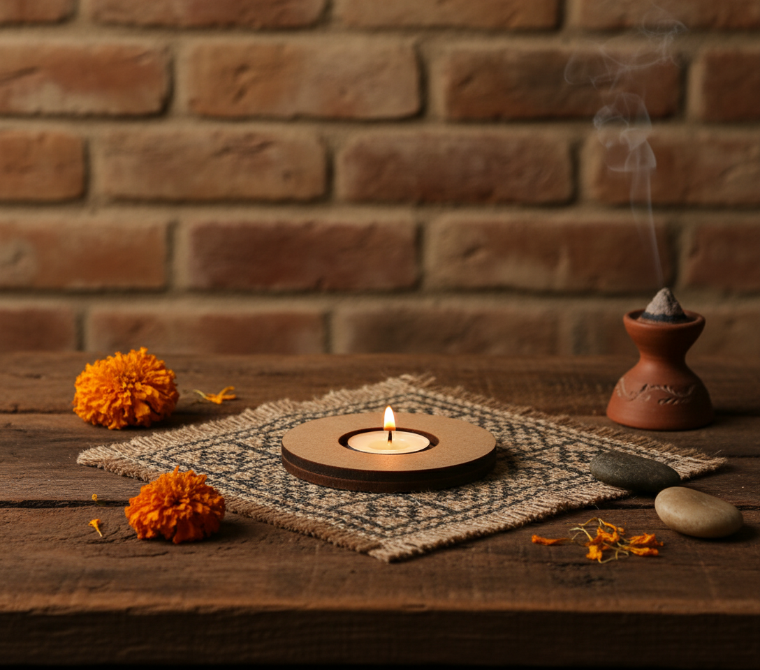 Candle, marigold flowers, and incense on a wooden surface with a brick wall background with mdf tea light candle holder.