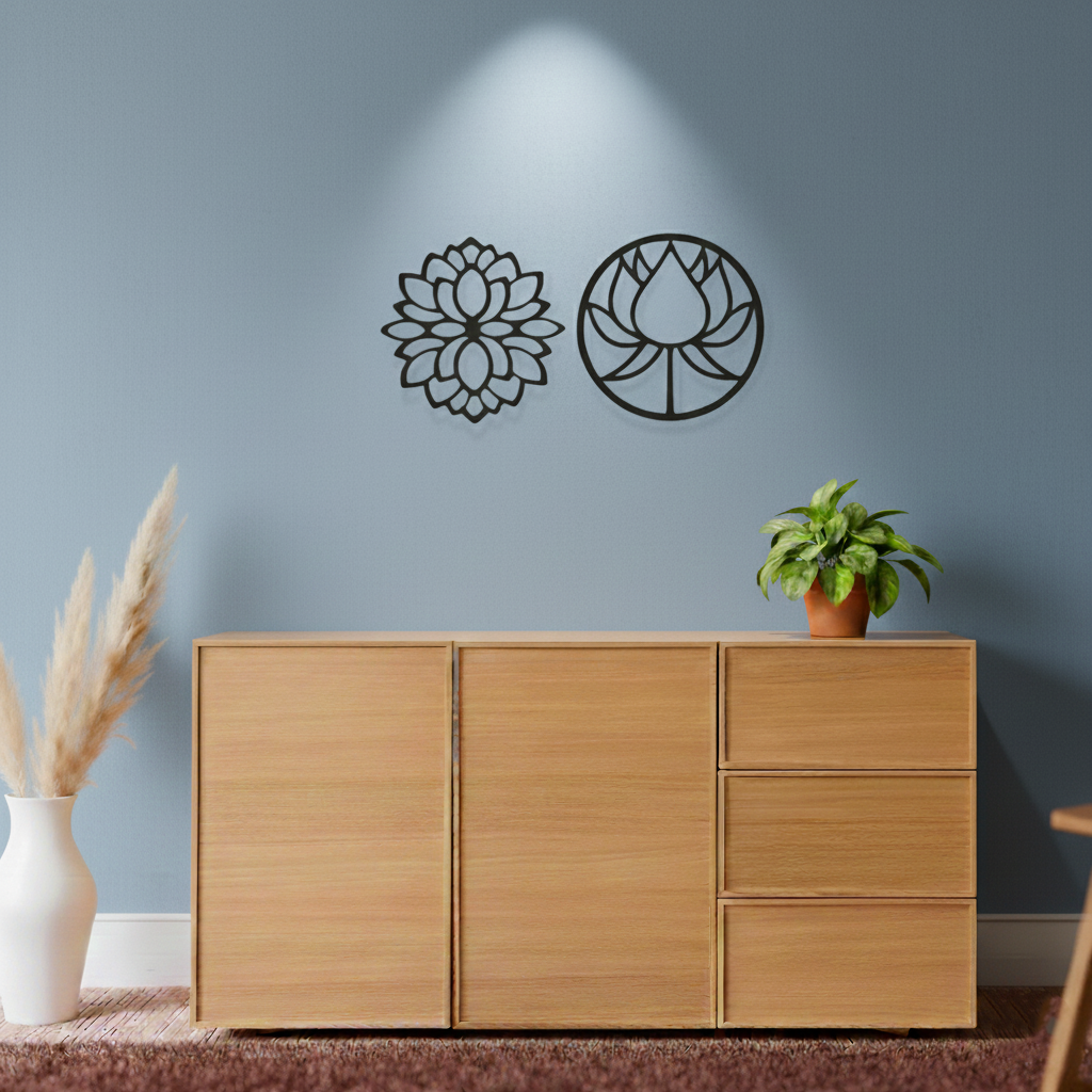 Lotus flower MDF wall decor with laser-cut floral design mounted on a neutral wall in a modern home interior.