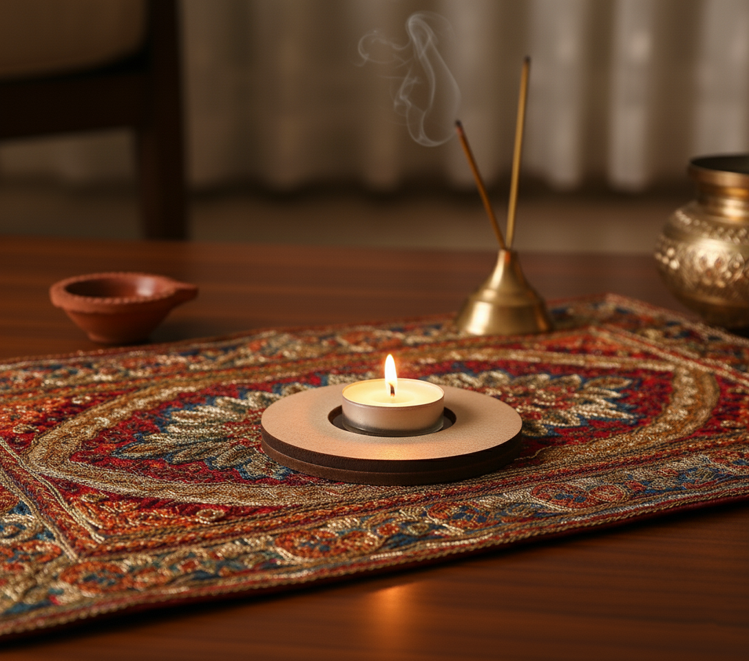 Candle and incense sticks on a decorative mat with a blurred background with mdf tea light candle holder.