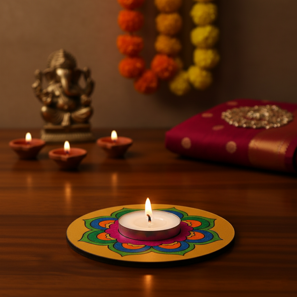 Decorative candles on a wooden surface with a colorful mandala design, a statue, and decorative elements in the background with handpainted mdf tea light candle holder.