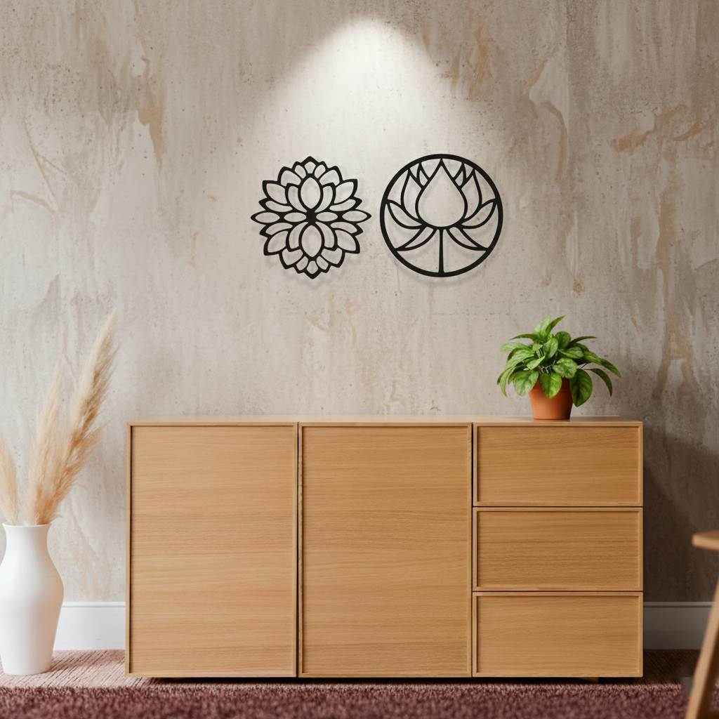 Lotus flower MDF wall decor with laser-cut floral design mounted on a neutral wall in a modern home interior.