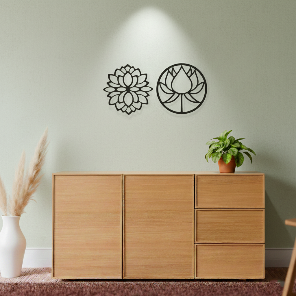 Lotus flower MDF wall decor with laser-cut floral design mounted on a neutral wall in a modern home interior.