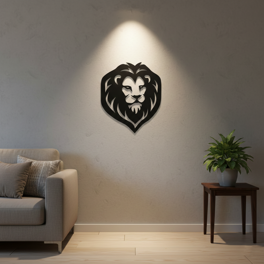 Black MDF lion face wall décor mounted on a beige wall above a sofa with a small wooden side table and plant.