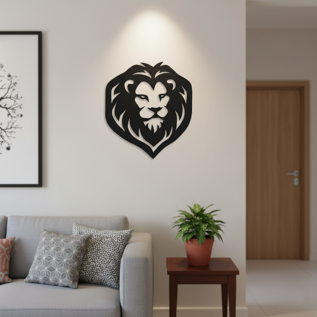 Black MDF lion face wall décor mounted on a beige wall above a sofa with a small wooden side table and plant.