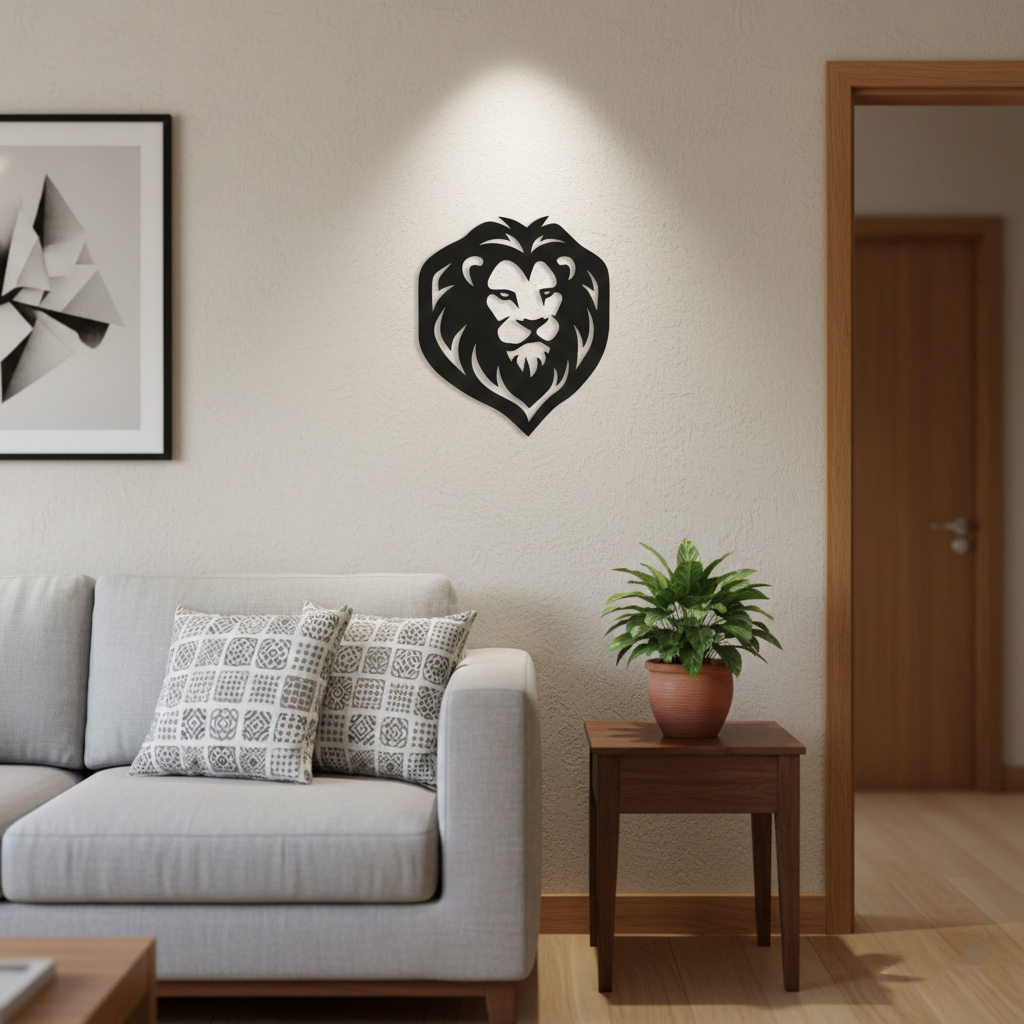 Black MDF lion face wall décor mounted on a beige wall above a sofa with a small wooden side table and plant.