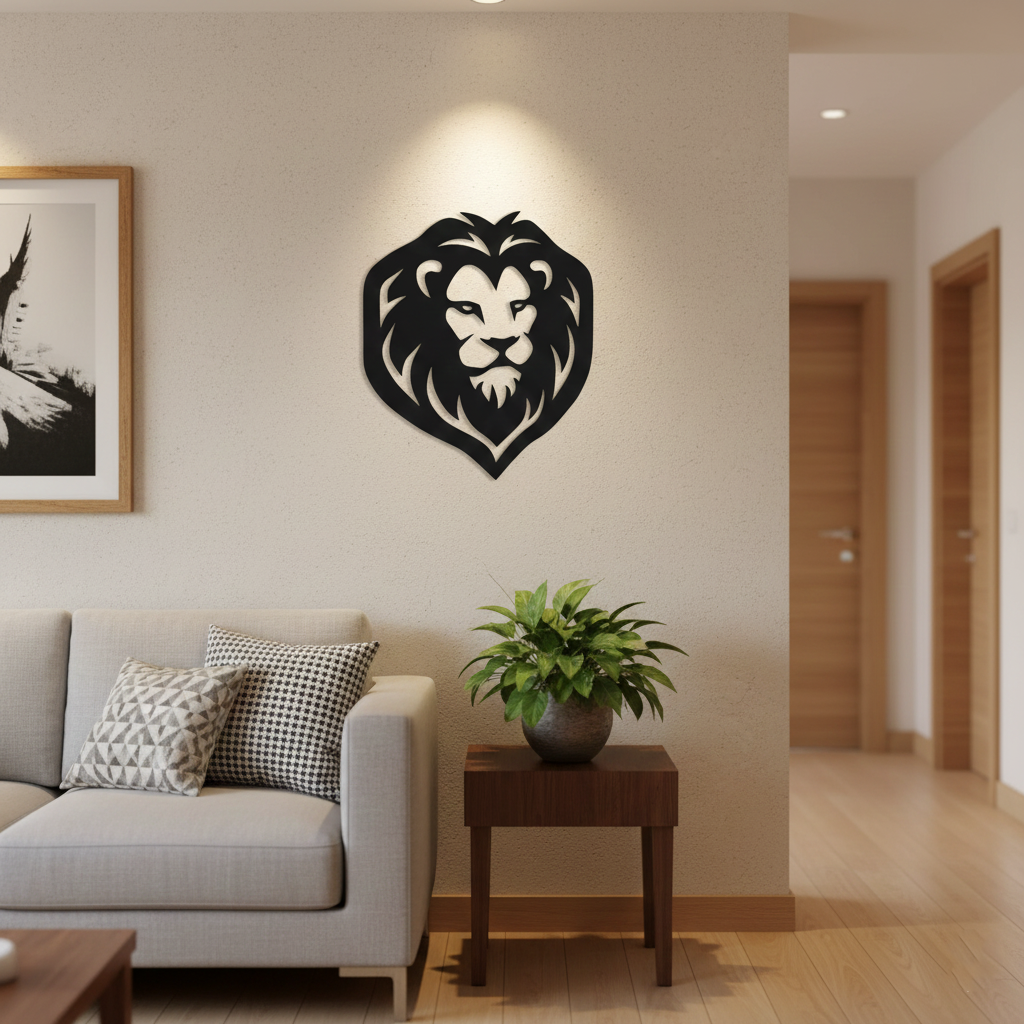 Black MDF lion face wall décor mounted on a beige wall above a sofa with a small wooden side table and plant.