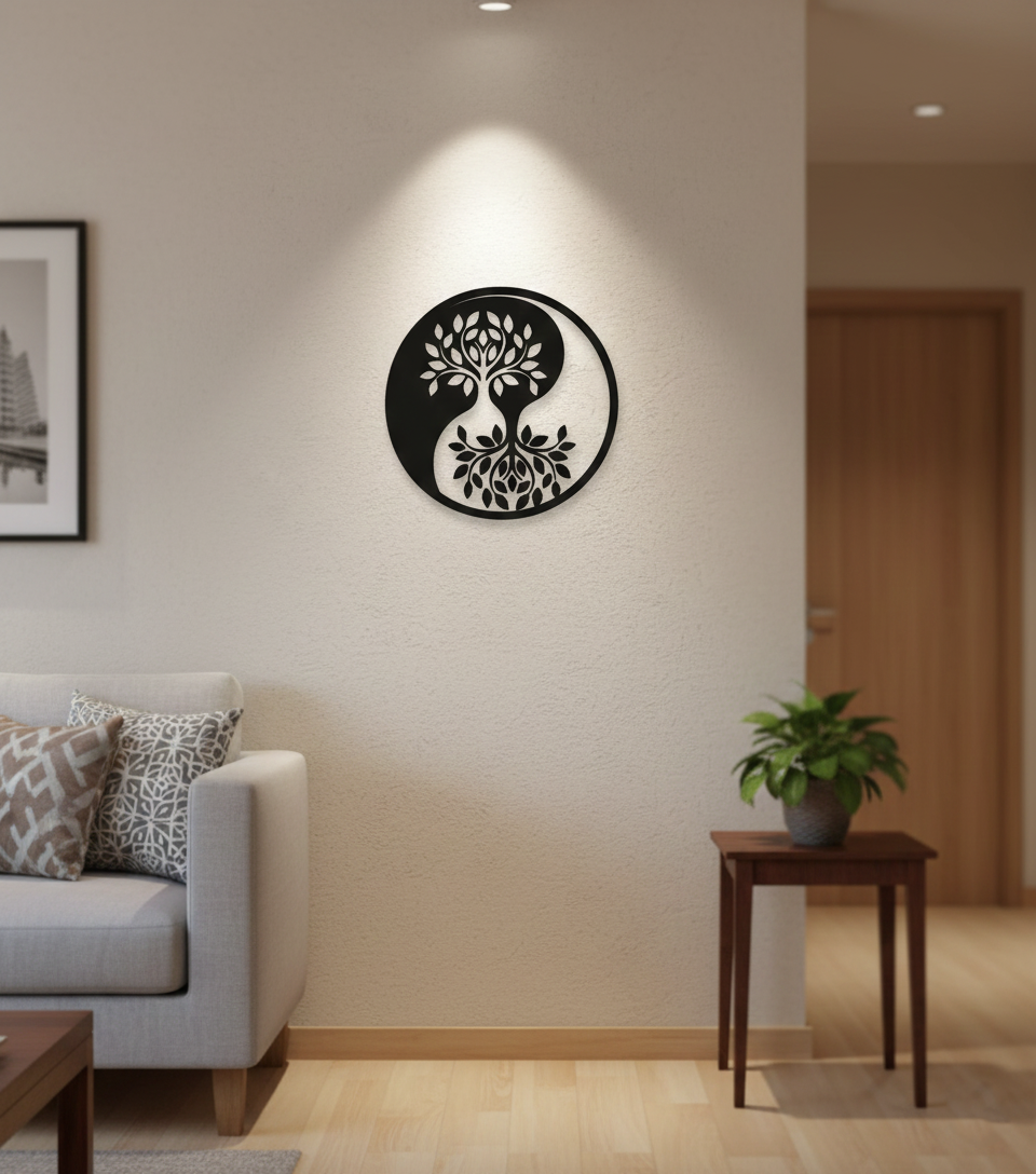 Yin Yang Tree MDF wall decor with laser-cut tree of life design mounted on a neutral wall in a modern home interior.