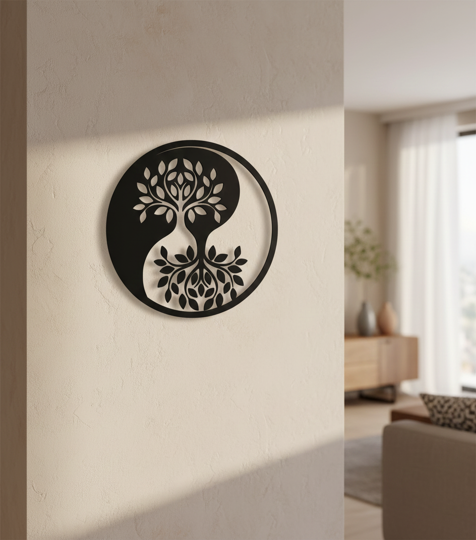 Yin Yang Tree MDF wall decor with laser-cut tree of life design mounted on a pillar in a modern home interior.