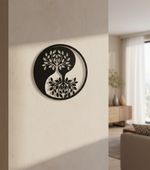Yin Yang Tree MDF wall decor with laser-cut tree of life design mounted on a pillar in a modern home interior.