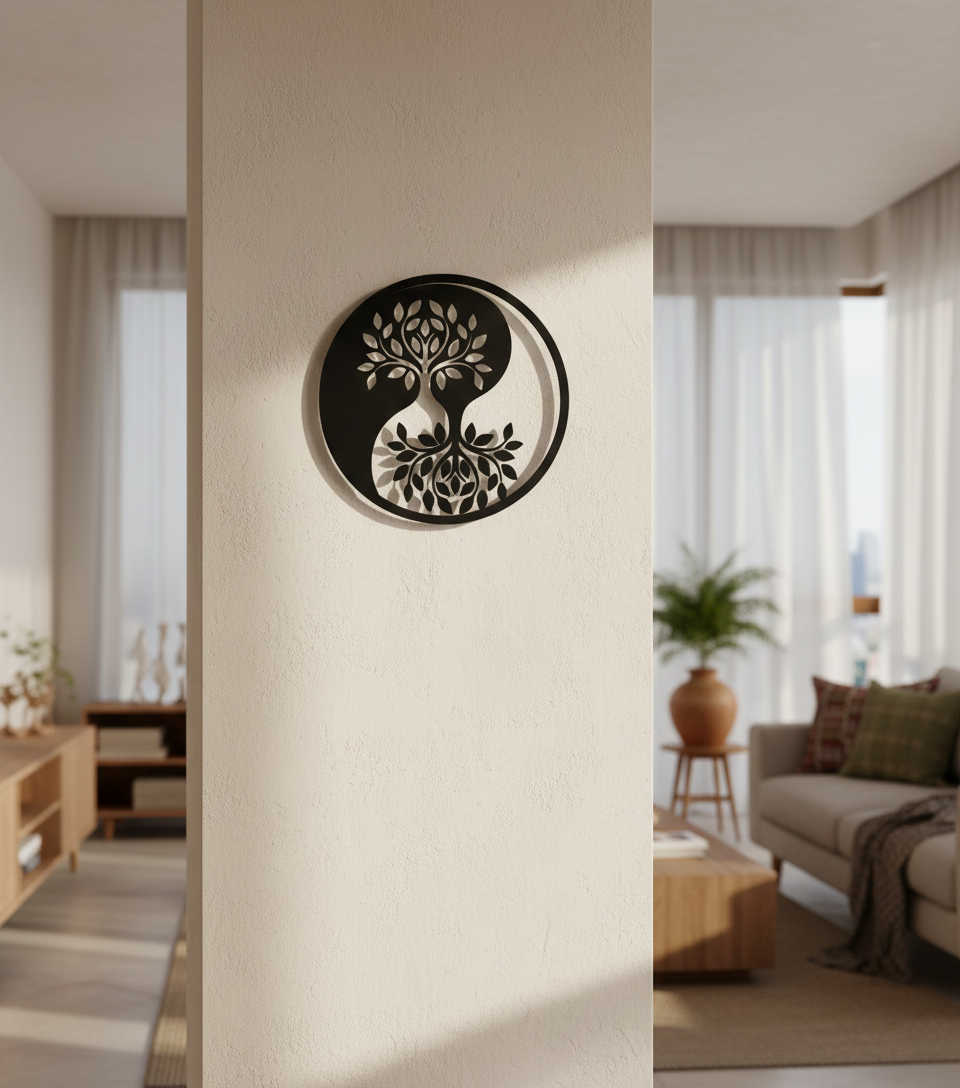Yin Yang Tree MDF wall decor with laser-cut tree of life design mounted on a pillar in a modern home interior.