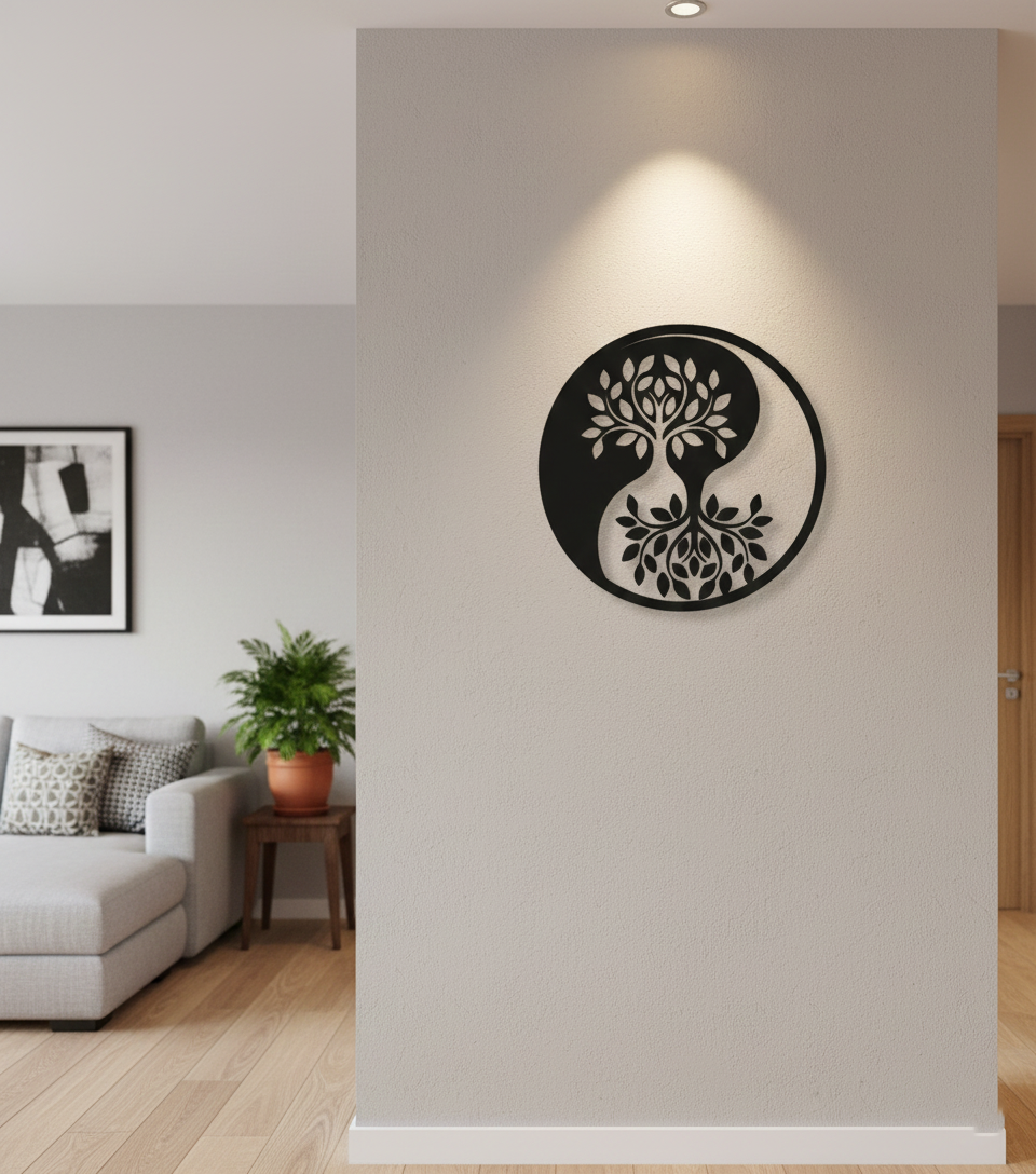 Yin Yang Tree MDF wall decor with laser-cut tree of life design mounted on a neutral wall in a modern home interior.