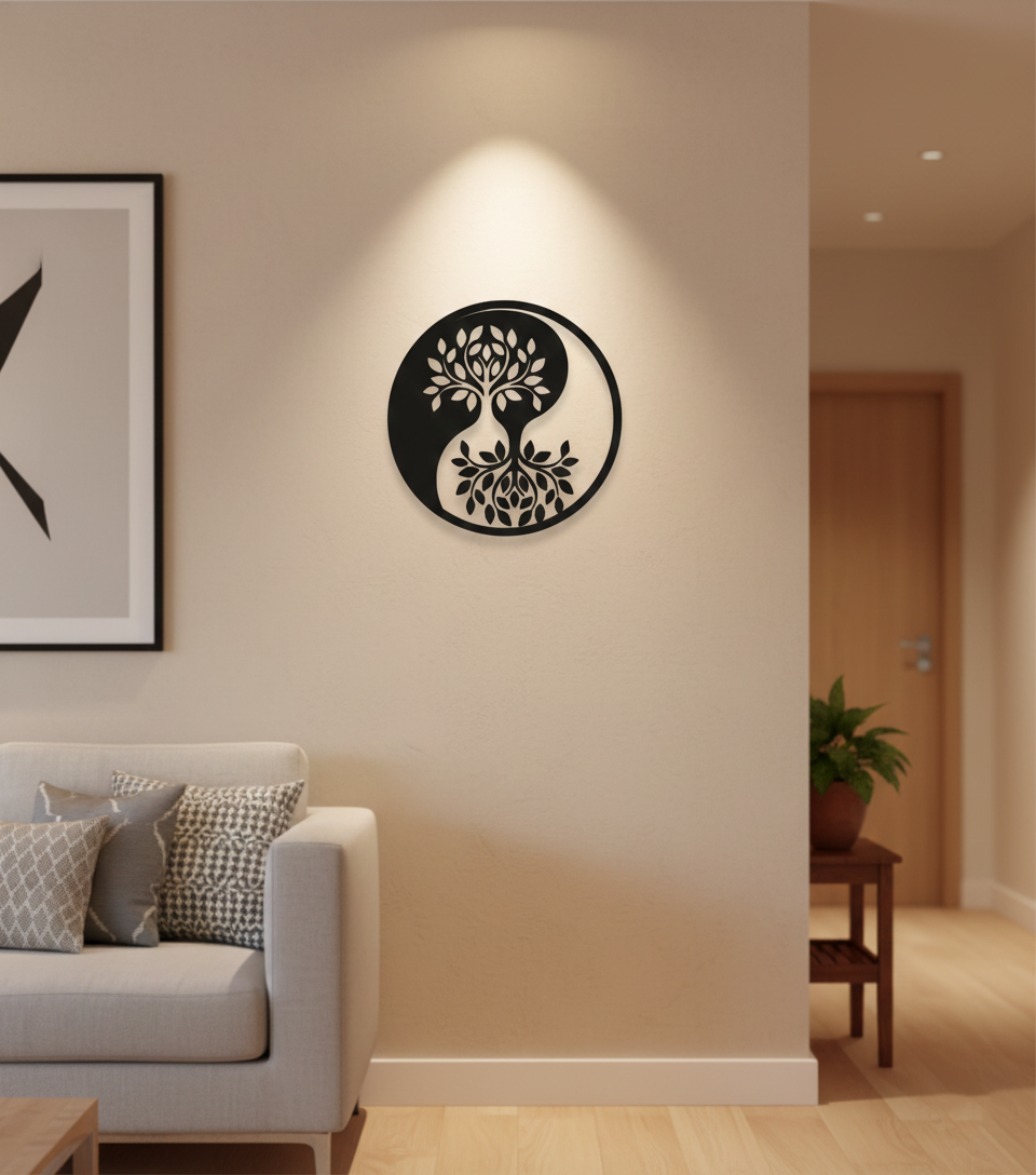 Yin Yang Tree MDF wall decor with laser-cut tree of life design mounted on a neutral wall in a modern home interior.