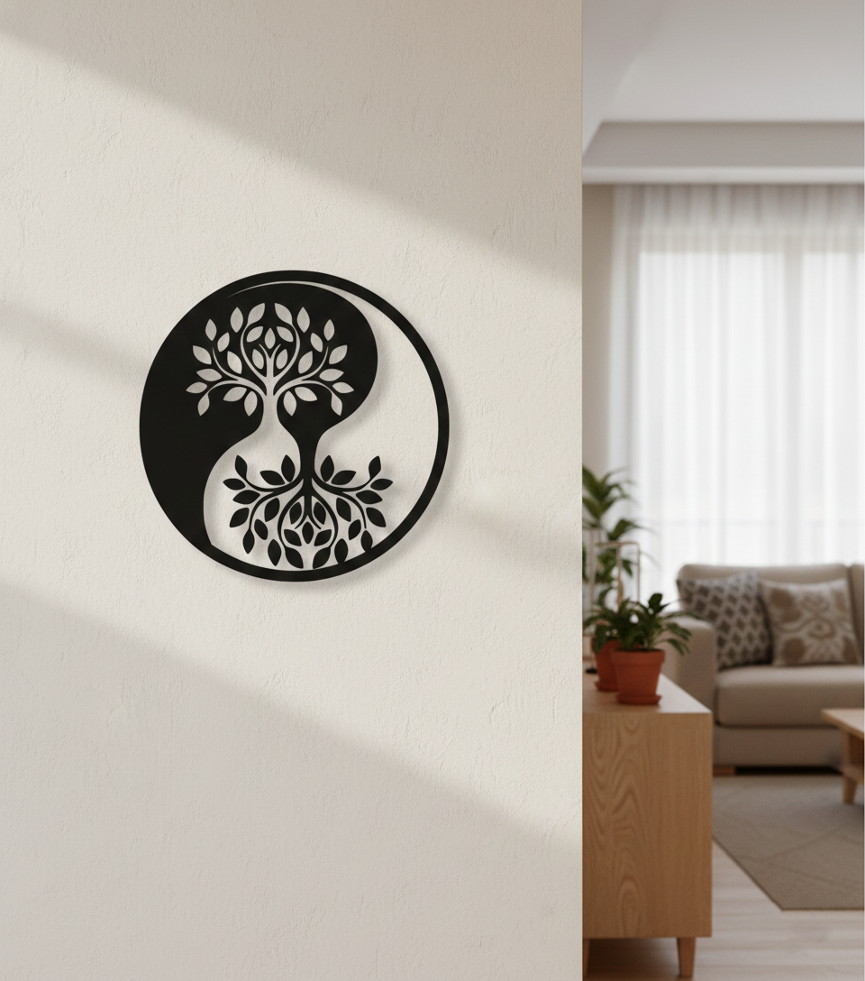 Yin Yang Tree MDF wall decor with laser-cut tree of life design mounted on a neutral wall in a modern home interior.