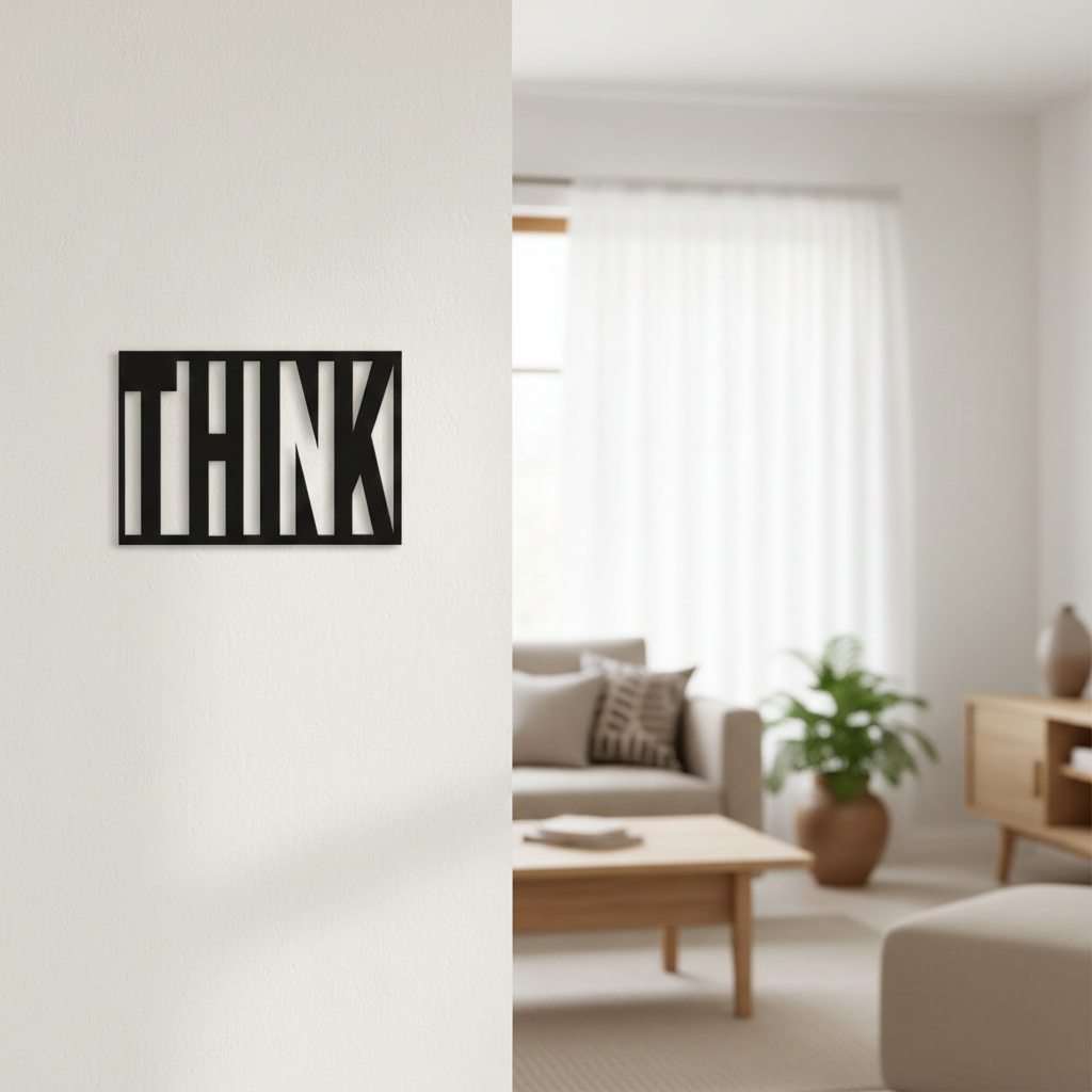 Black MDF wall décor with cut-out word “THINK” mounted on a light-colored wall in a modern living room setting.