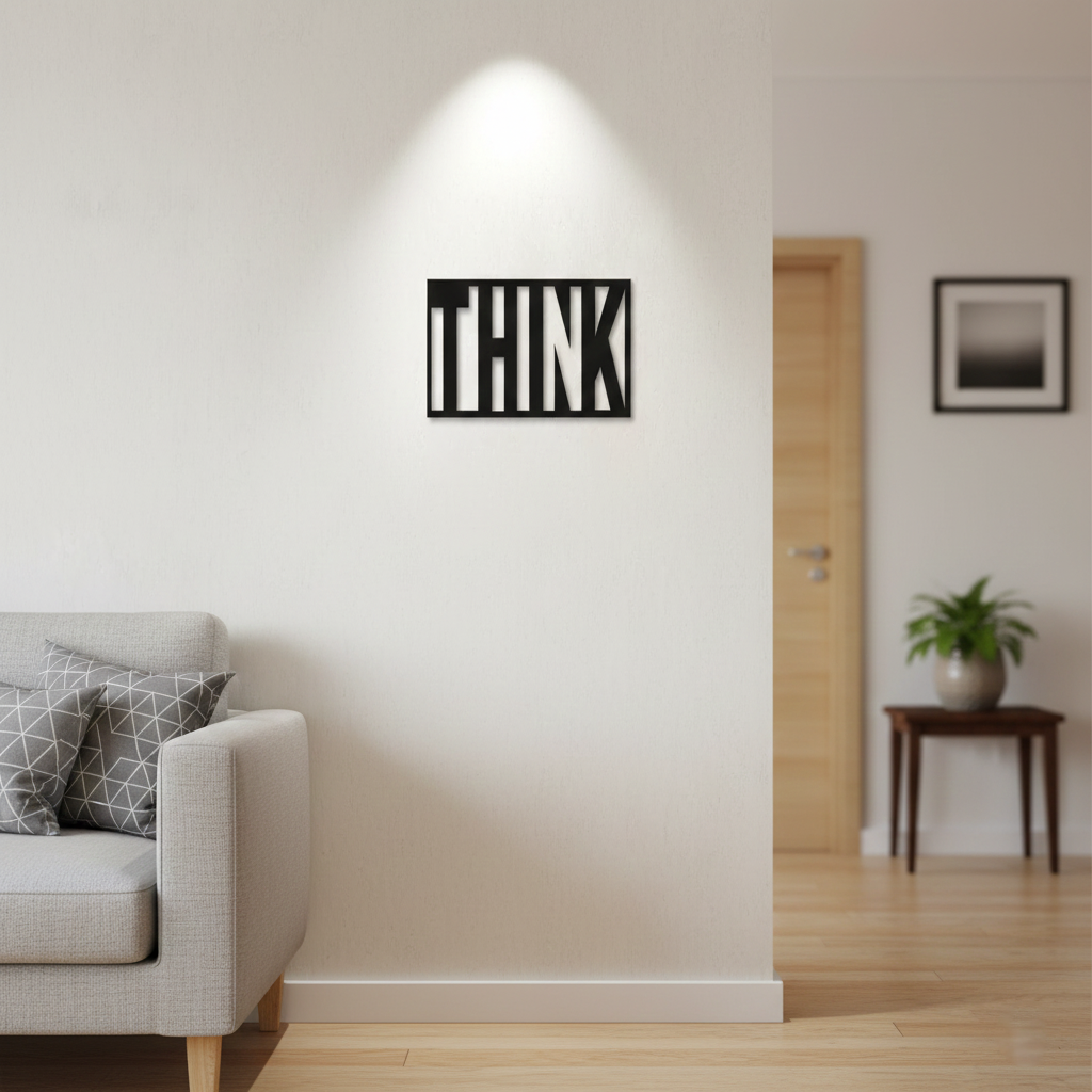 Black MDF wall décor with cut-out word “THINK” mounted on a light-colored wall in a modern living room setting.