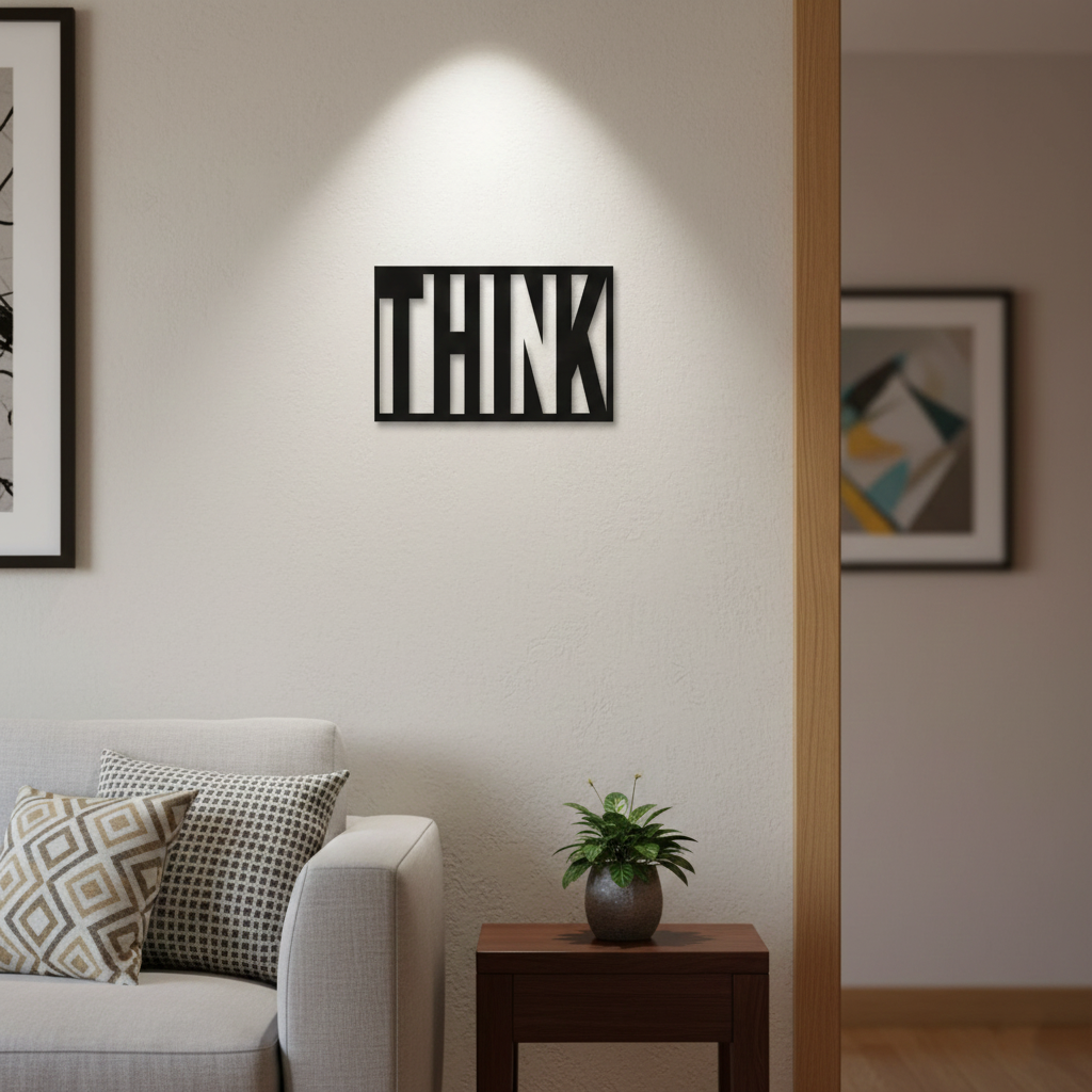 Black MDF wall décor with cut-out word “THINK” mounted on a light-colored wall in a modern living room setting.
