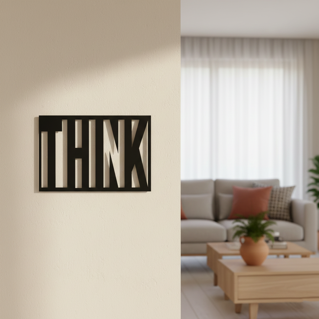 Black MDF wall décor with cut-out word “THINK” mounted on a light-colored wall in a modern living room setting.