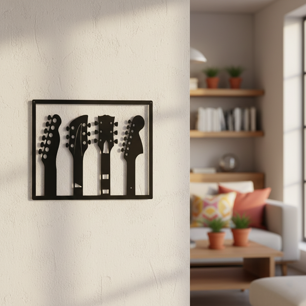 Guitar MDF wall decor featuring multiple guitar headstock silhouettes mounted on a light wall in a modern living room interior.