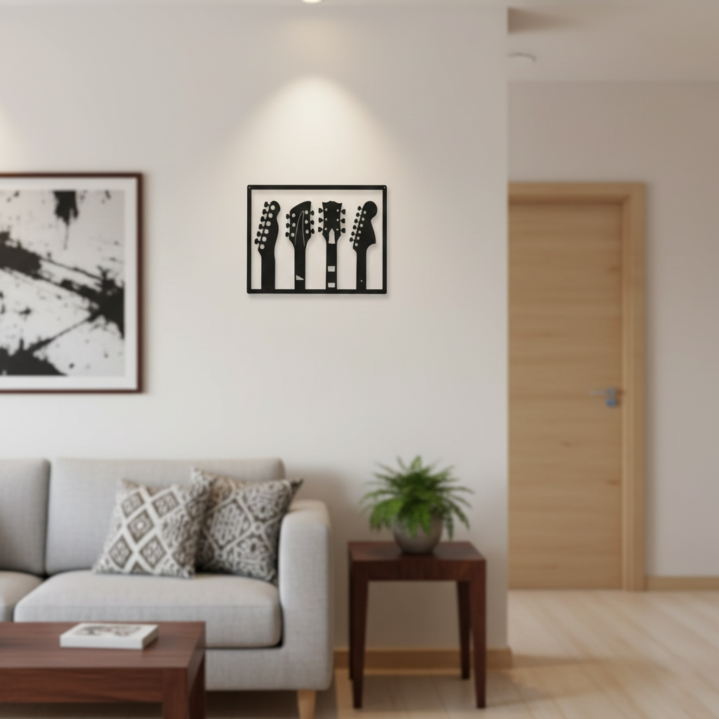 Guitar MDF wall decor featuring multiple guitar headstock silhouettes mounted on a light wall in a modern living room interior.
