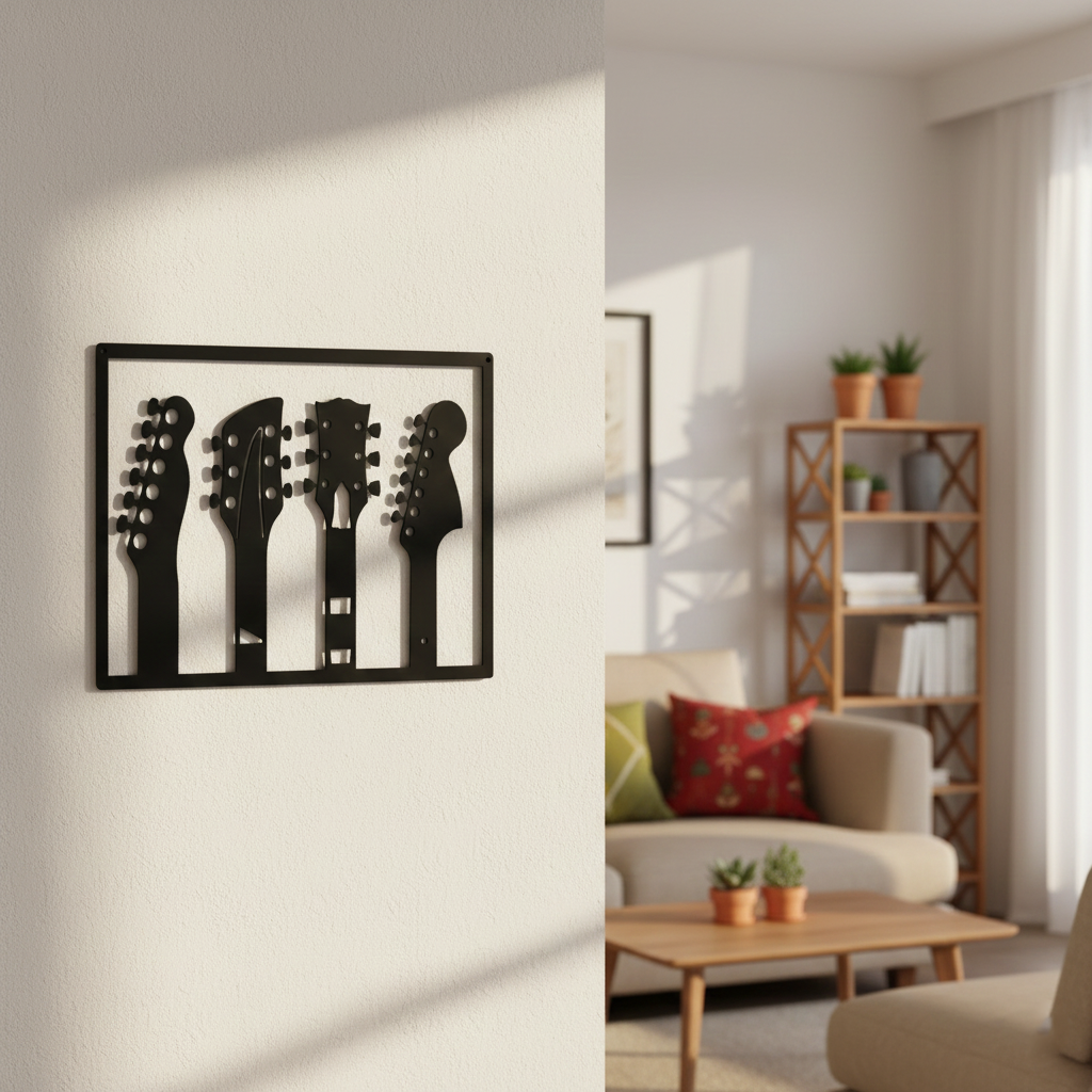 Guitar MDF wall decor featuring multiple guitar headstock silhouettes mounted on a light wall in a modern living room interior.