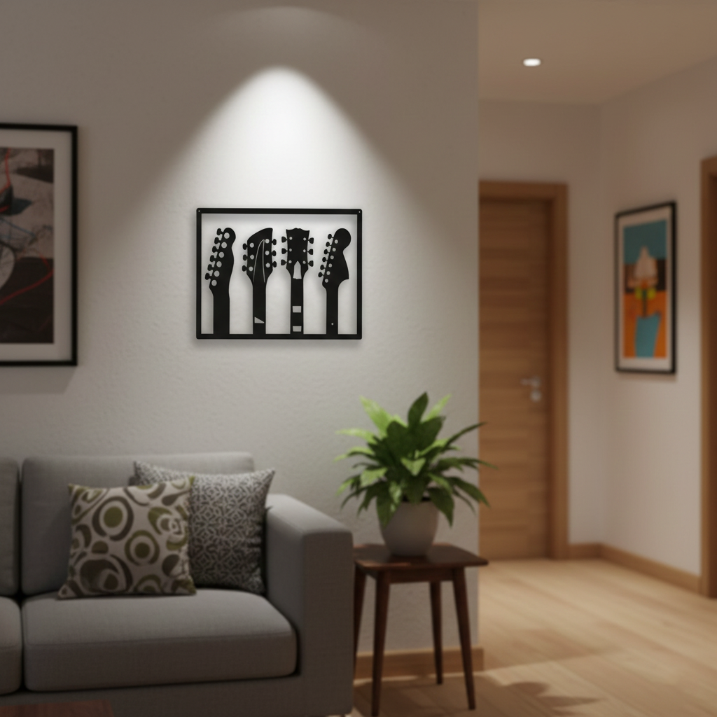 Guitar MDF wall decor featuring multiple guitar headstock silhouettes mounted on a light wall in a modern living room interior.