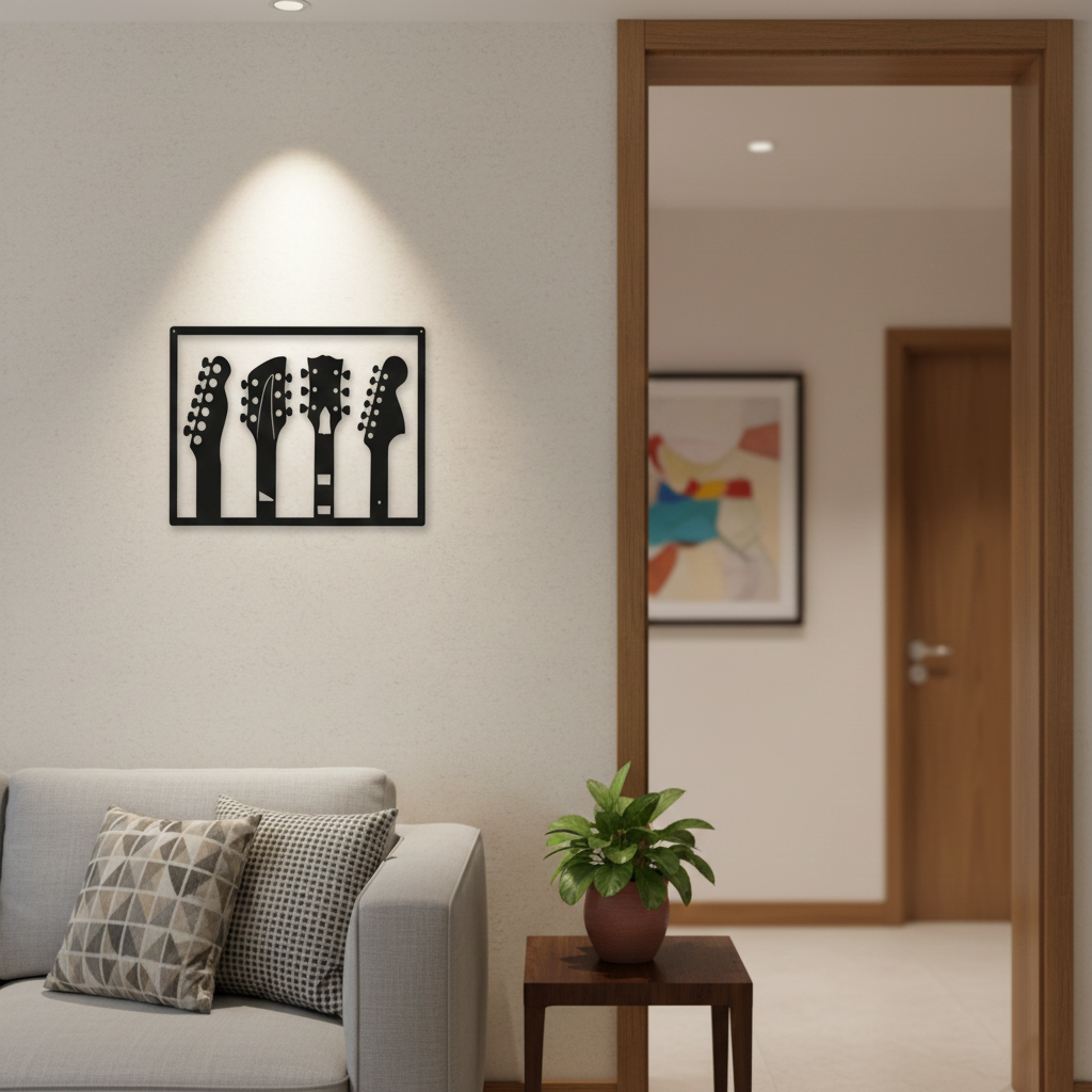 Guitar MDF wall decor featuring multiple guitar headstock silhouettes mounted on a light wall in a modern living room interior.