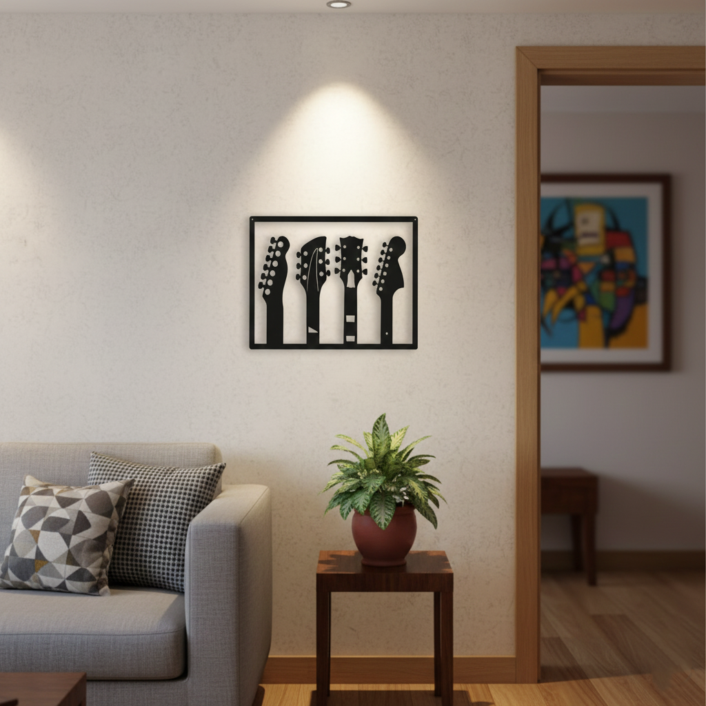 Guitar MDF wall decor featuring multiple guitar headstock silhouettes mounted on a light wall in a modern living room interior.