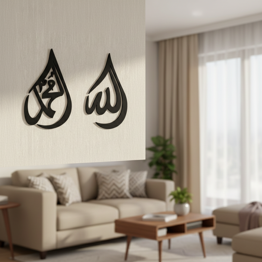Allah Muhammad MDF wall decor featuring elegant Arabic calligraphy mounted on a light wall in a modern Islamic home interior.