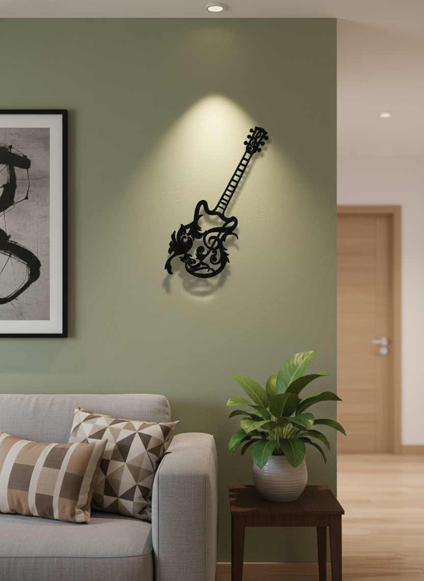 Decorative guitar MDF wall decor with musical design mounted on a light wall in a modern living room interior.