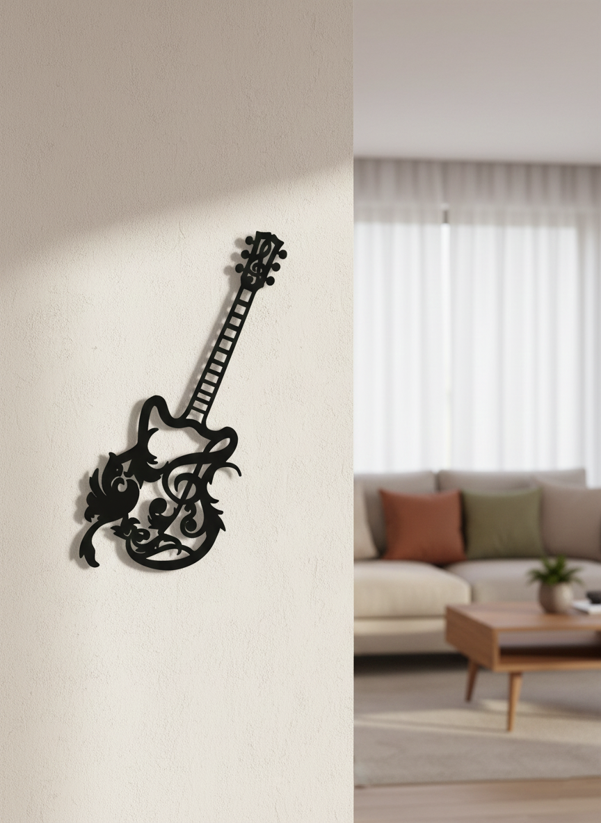 Decorative guitar MDF wall decor with musical design mounted on a light wall in a modern living room interior.