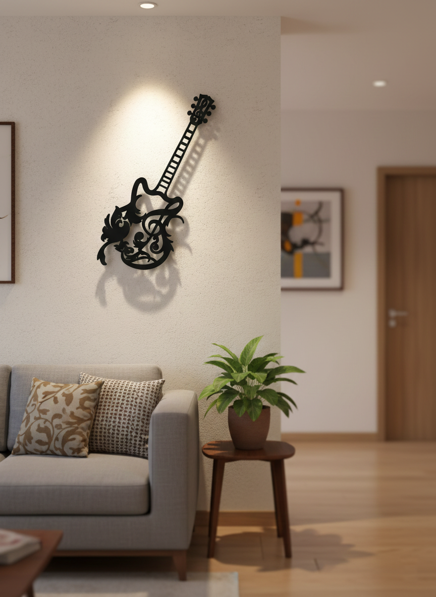 Decorative guitar MDF wall decor with musical design mounted on a light wall in a modern living room interior.