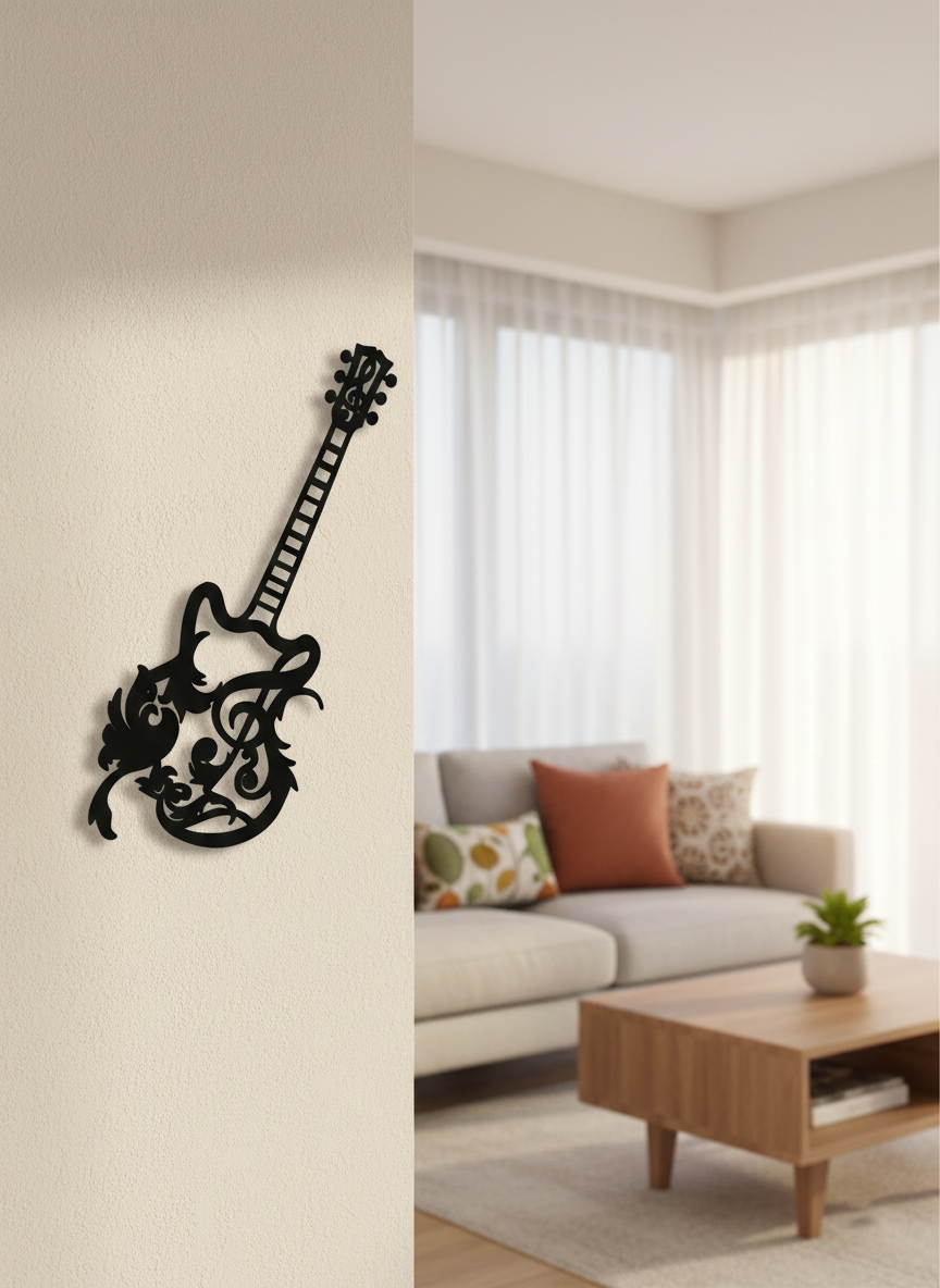 Decorative guitar MDF wall decor with musical design mounted on a light wall in a modern living room interior.