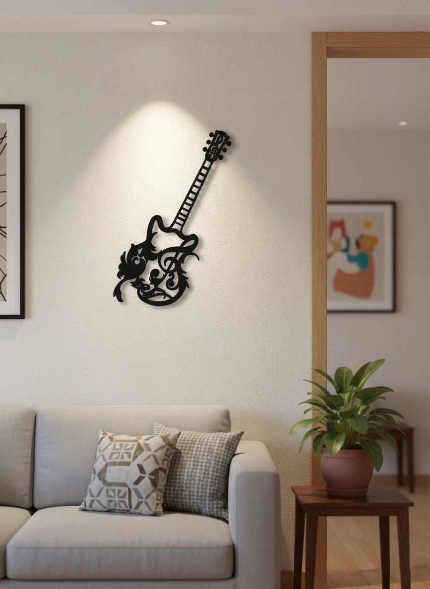 Decorative guitar MDF wall decor with musical design mounted on a light wall in a modern living room interior.