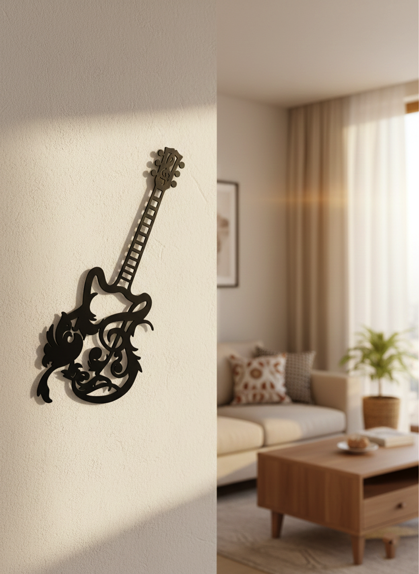Decorative guitar MDF wall decor with musical design mounted on a light wall in a modern living room interior.