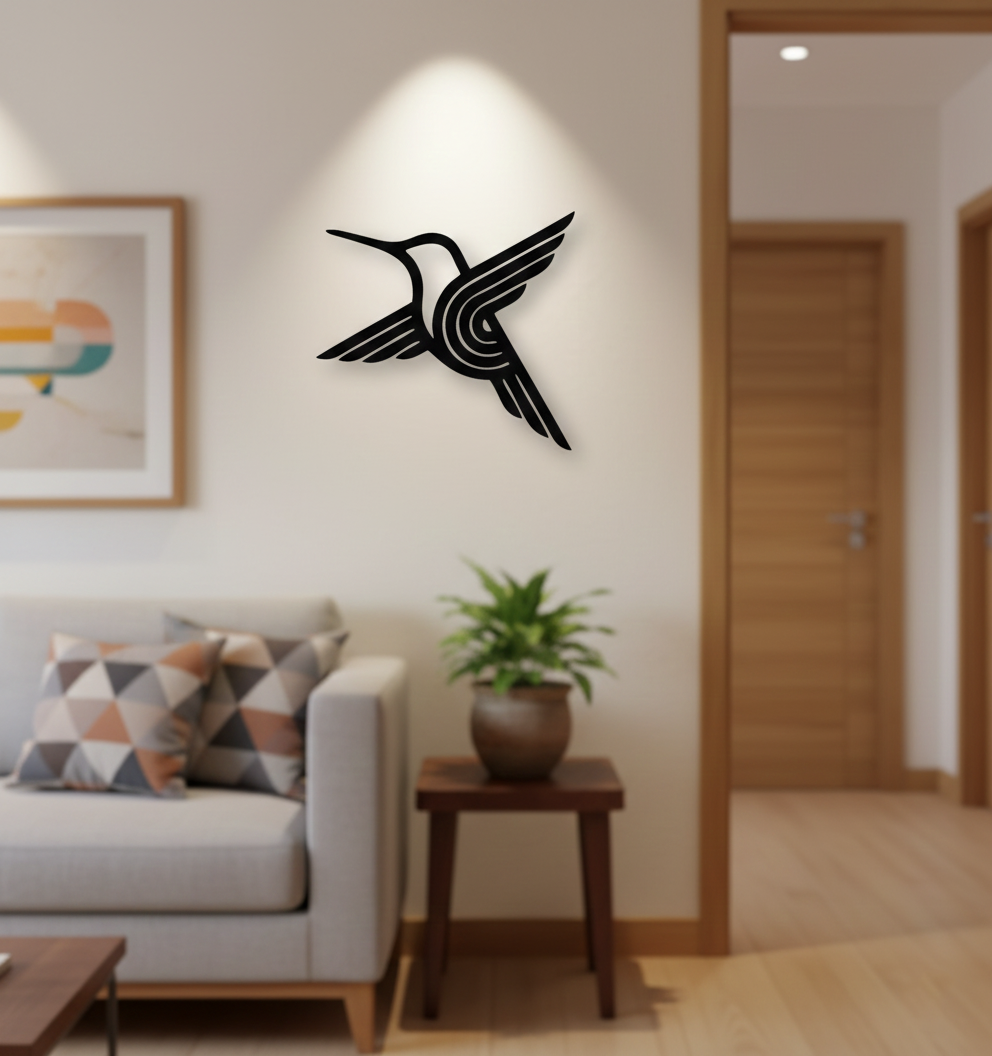 Hummingbird MDF wall decor with modern laser-cut bird design mounted on a light wall in a contemporary home interior.