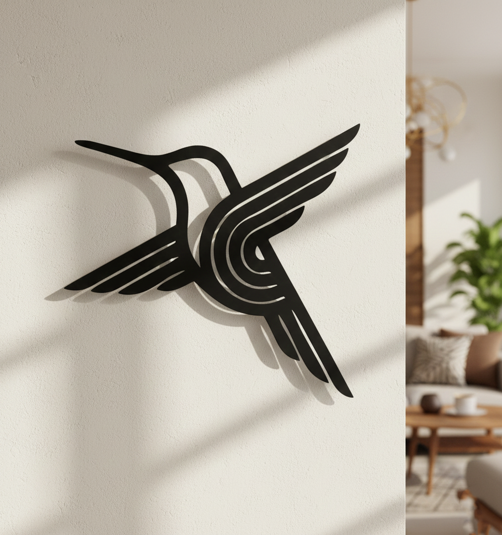 Hummingbird MDF wall decor with modern laser-cut bird design mounted on a light wall in a contemporary home interior.