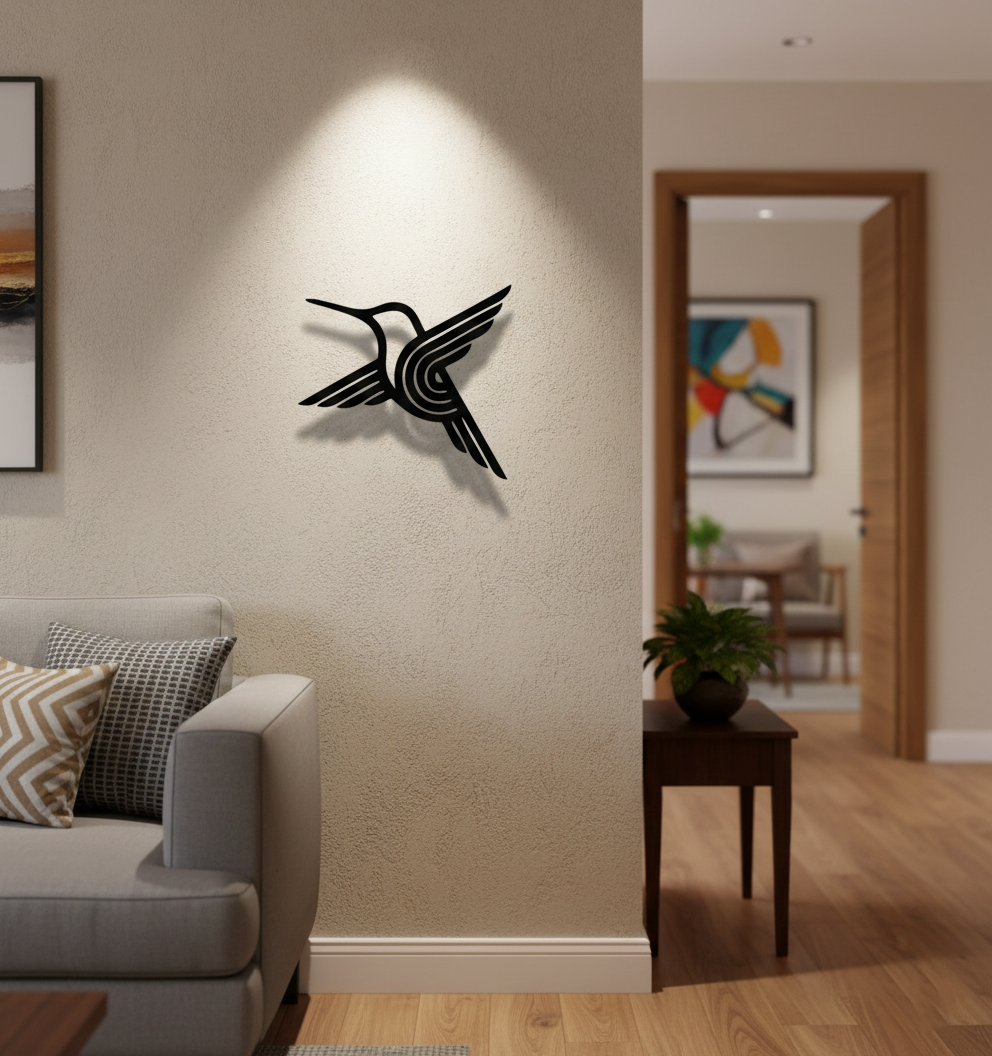 Hummingbird MDF wall decor with modern laser-cut bird design mounted on a light wall in a contemporary home interior.