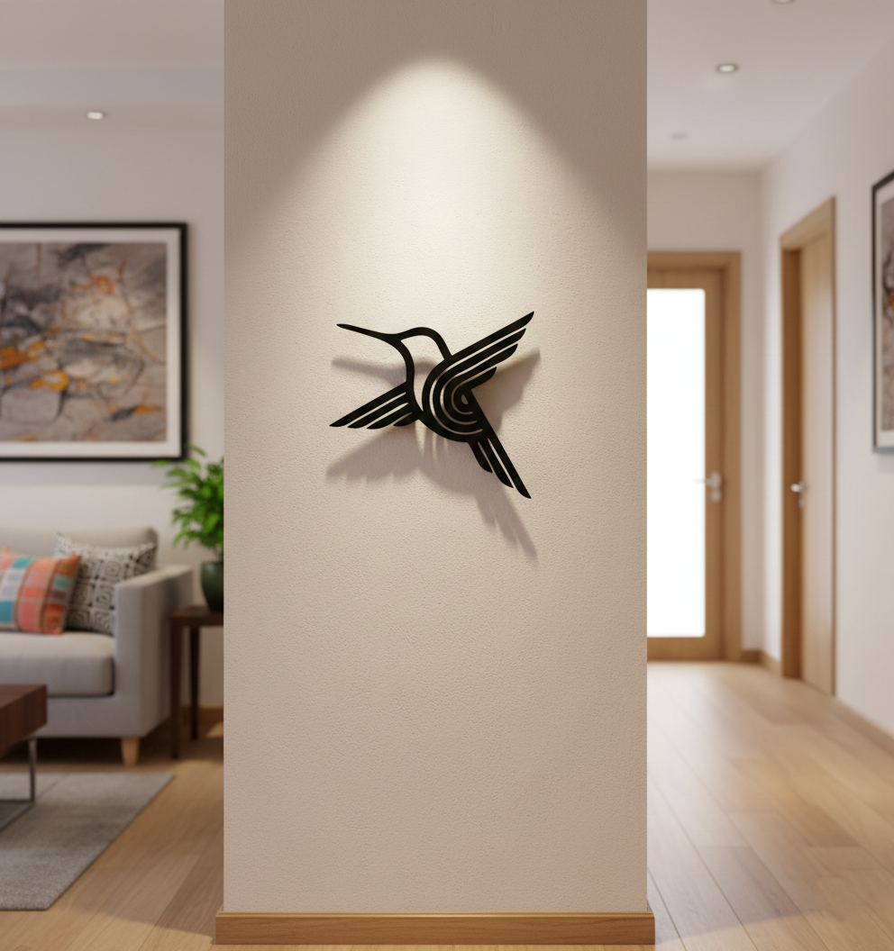 Hummingbird MDF wall decor with modern laser-cut bird design mounted on a light wall in a contemporary home interior.