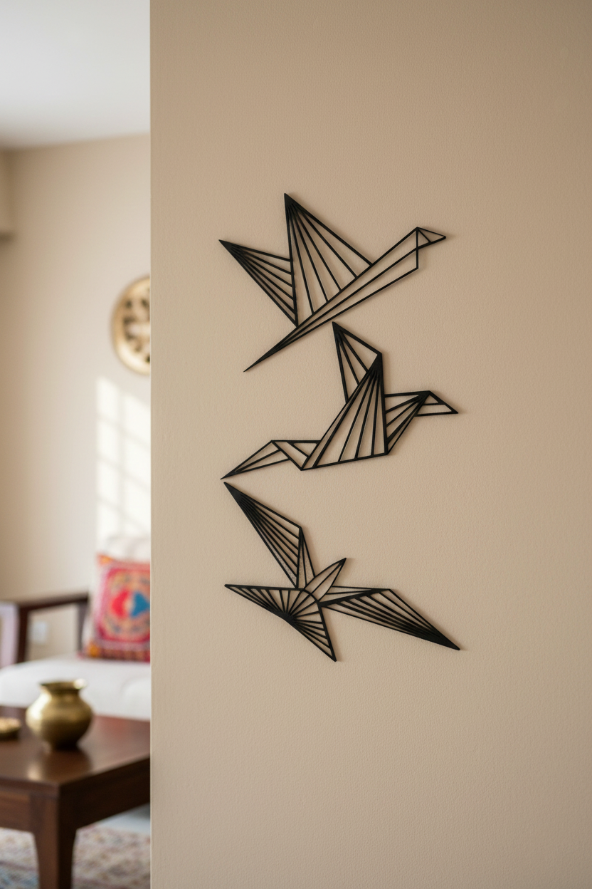 Origami birds MDF wall decor set with geometric bird designs mounted on a neutral wall in a modern home interior.